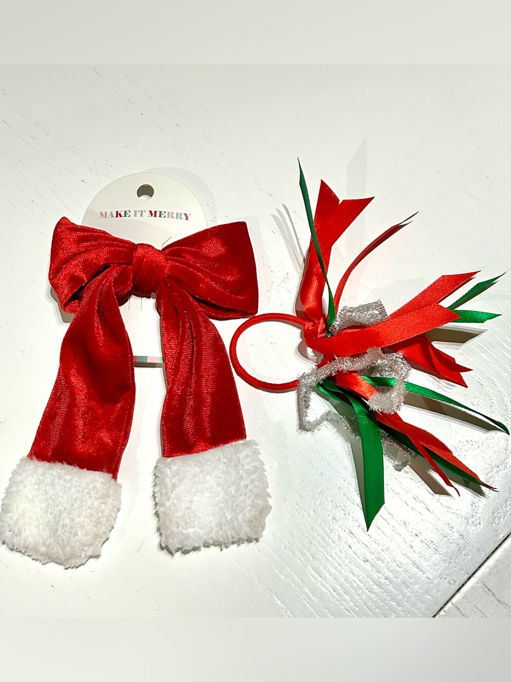 Santa Bow barrette (NEW) & Christmas Ribbon Hair Tie Hair Girls Accessory Set